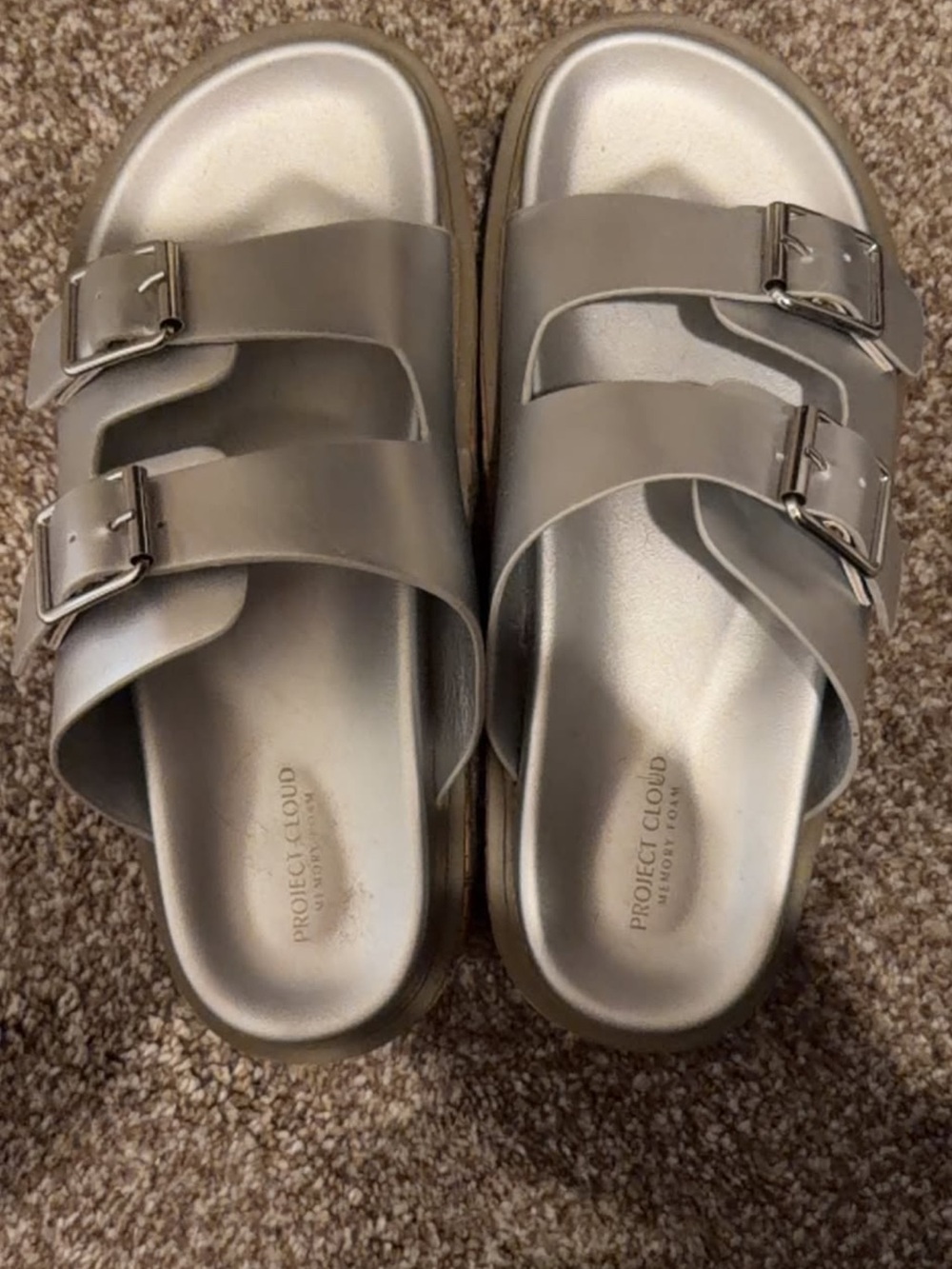 Project Cloud Silver Metallic Dual-Buckle Platform Slides